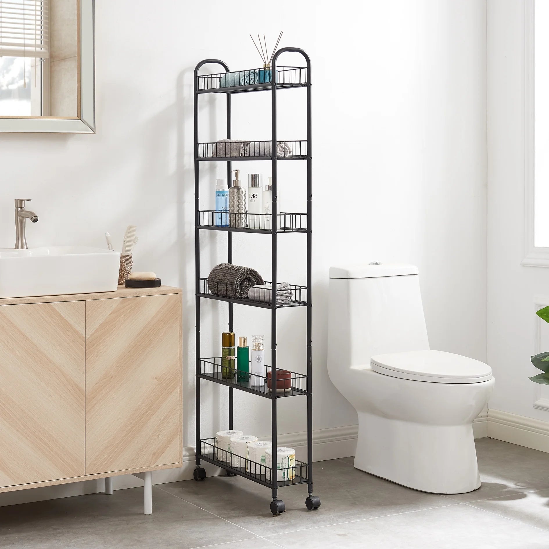 6 Tier Rolling Cart, Mobile Storage Shelving Unit with Wheels, Movable Storage Shelf, Narrow Metal Wire Storage Rack with Baskets for Kitchen Bathroom Office Laundry, Antique brown