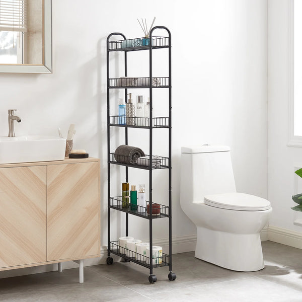 6 Tier Rolling Cart, Mobile Storage Shelving Unit with Wheels, Movable Storage Shelf, Narrow Metal Wire Storage Rack with Baskets for Kitchen Bathroom Office Laundry, Antique brown