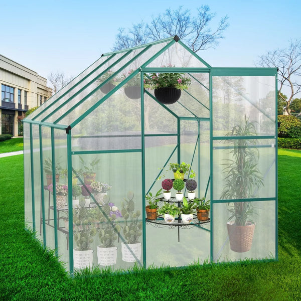 6 x 8FT Large Greenhouses for Outdoors, 8mm Thick Polycarbonate Heavy Duty Aluminum Green House Kit with Adjustable Roof Vent, Rain Gutter and Sliding Door for Backyard, Garden, Green