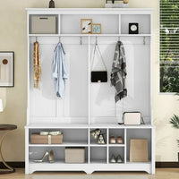 60" Wide Hallway Hall Trees with Storage and 6 Coat Rack, Modern Entryway Bench with Shoe Cubbies, Mudroom Bench, Solid Wood Hall Tree for Entryway Living Room Bedroom, White