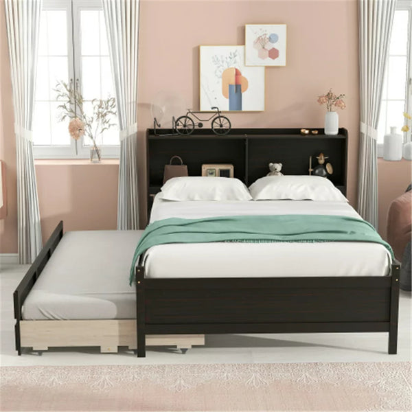 Twin Bed with Bookcase and Drawers, Platform Bed Frame with Bookcase Headboard and Slat Support, Storage Bed for Kids Teens Adults, Weight Capacity 200 lbs, Black