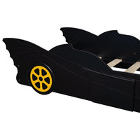 Twin Size Race Car-Shaped Platform Bed with Wheels, Wood Platform Bed with Wood Slats Support, Floor Bed for Kids Boys Girls, No Box Spring Required, Black+Yellow