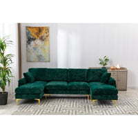 L Shaped Sectional Sofa Couch with Removable Ottoman, Velvet Sectional Couches for Living Room, Wooden Convertible Sectional Sofas with Rose Gold Metal Legs for Living Room, Apartment,Emerald