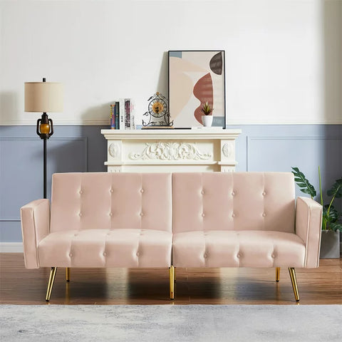76'' Velvet Couch, Button Tufted Folding Loveseat Sofa Bed with Armrest, Adjustable Back & Metal Legs, Accent Sofa Recliner Convertible Futon Sofa Bed for Living Room Bedroom, Pink