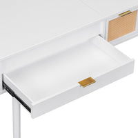 43.3" Vanity Dressing Table with Flip-top Mirror and 3 Storage Drawers, Wood Vanity Desk with Upholstered Fabric Stool, Makeup Vanity Set for Bedroom, Small Space, White