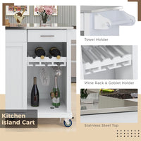 Kitchen Cart with Stainless Steel Top & Storage Cabinet, Mobile Kitchen Island Cart on Wheels with Two Drawers & Goblet Holder & Wine Rack & Spice Rack & Towel Holder, 51Lx18Wx37H Inches, White