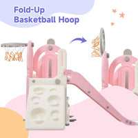 Slide and Swing Set 5 in 1, Kids Playground Climber Slide Playset with with Basketball Hoop, Extra Long Slide, Easy Set Up Baby Playset for Indoor Outdoor Backyard, Pink