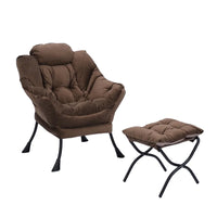 Lazy Chair with Ottoman, Modern Lounge Accent Chair with Armrests and Side Pocket, Leisure Upholstered Sofa Chair Cozy Reading Chair with Footrest Set for Living Room Bedroom, Brown