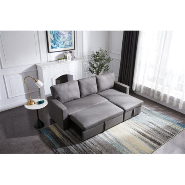 Sectional Sofa with Pulled Out Bed and Storage Space, Modern Design Chaise Lounge with Armrest for Living Room