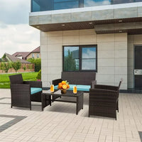 4 Pieces Outdoor Wicker Furniture Sets, PE Rattan Patio Furniture Conversation Sets with Soft Cushions, Table with Glass Tabletop for Lawn, Garden, Backyard, Teal