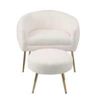 Accent Chair with Ottoman, Modern Teddy Velvet Tufted Armchair Leisure Lounge Chair with Footrest and Adjustable Metal Legs, Comfy Upholstered Single Sofa Chair Reading Chair for Living Room, White