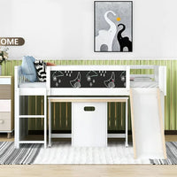 Full Size Loft Bed with Desk and Slide for Kids, Wooden Low Full Loft Bed Frame with Blackboard and Chair for Kids Boys Girls, Open Cabinets and Built-in Staircase Design, White