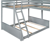 Triple Beds with Desk and Slide, Twin over Full L-shaped Bunk Bed and Loft Bed, Wood Bed Frame with Full-Length Guardrail and 2 Ladders, Gray