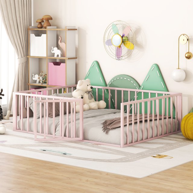 Full Size Floor Bed Frame for Kids, Montessori Floor Bed with Full-Length Guardrails and Door, Safety Toddler Floor Bed with Metal Frame, No Slats Supports, Pink, 77