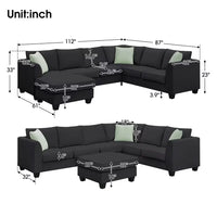 112''L x 87'' Modular Sectional Sofa, 7 Seats L-Shape Couches with Ottoman and 3 Pillows, Modern Fabric Upholstered Corner Sofa for Living Room, Black
