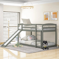Bunk Bed with Convertible Slide for Kids Teens, Twin Over Twin Floor Bunk Bed with Ladder for Kids Bedroom, Wood Low Bunk Bed Frame No Box Spring Required, Gray, 79.2" L x 83.4" W x 49.2" H