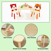 Kids Table and 2 Chairs Set with Cartoon Animal Decoration, 3 Pieces Wooden Toddler Table and Chair Set, Activity Play Table Set for Boys, Girls Arts Reading Writing Age 3 Years+, Bear&Tiger