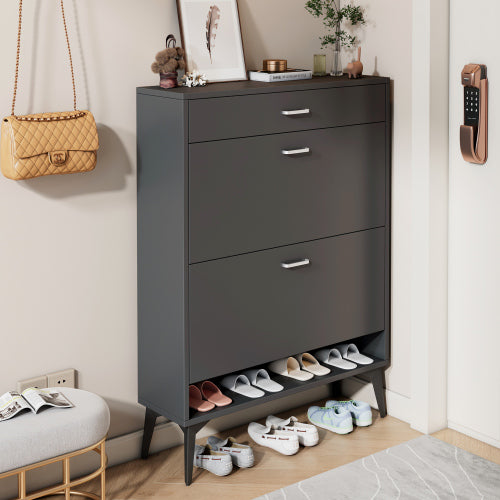 Shoe Cabinet with 2 Flip Drawers and Open Shelf,Free Standing Shoe Racks Storage Cabinet with Metal Legs,Shoe Organizer Entrance Shoe Storage Cabinet Narrow Closet for Entryway Hallway,Antique Gray