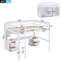 Full Size Loft Bed with Charging Station Multifunctional Loft Bed with Desk, Cabinets, Drawers and Bedside Tray, Solid Wood Loft Bed Frame with Built-in Ladder and Full-Length Guardrails, White