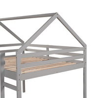 Full Size House Loft Bed with Slide and Ladder for Kids Bedroom, Wood Bedframe with Roof and Guardrails, Home Furniutre for Boys Girls, No Box Spring Required, Gray