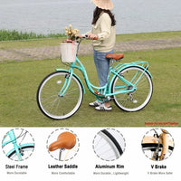 Women 26 Inch Bike with Steel Frame and Leather Saddle, Bicycle Frame with Front and Rear wheel, 7-Speed Drivetrain and Rear Rack, 26 Inch Bike for Road, Seaside and Travel