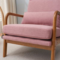 Accent Chair with Cushion, Mid-Century Modern Reading Armchair with Wood Armrest, Upholstered Linen Lounge Chair Solid Wood Side Chair for Living Room Bedroom Apartment, Pink