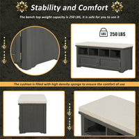 Storage Bench, Rustic Style 2-Door Storage Bench with 4 Small Storage Spaces and Linen Upholstered Top Cushion, Wood Storage Bench for Entryway, Foyer or a Mudroom, Dark Gray & Beige