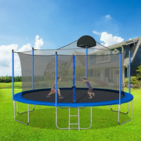 14ft Trampoline for Kids Teens Adults with Basketball Hoop and Safety Enclosure Net, Outdoor Large Recreational Trampoline with Metal Ladder, ASTM Approved & High Stability