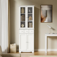 3-Tier Bookshelf with Doors and 3 Drawers, Home Office Large Storage Cabinet with Shelves and Display Cabinet, Tall Standing Bookcase with LED Light Strips for Living Room Apartment, White