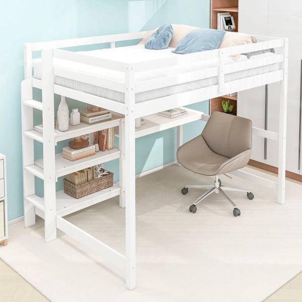 Full Size Loft Bed with Desk,Writing Board and 3-Tier Shelves,Wooden Loft Bed Frame with Safety Guardrails and Side Ladder,for Kids Teens Adults,No Box Spring Needed,White