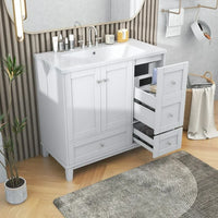 36 Inch Bathroom Vanity with Sink and USB Charging, Modern Bathroom Sink Cabinet with Two Doors and Three Drawer, Bathroom Storage Vanity Cabinet with Single Top Sink, Faucets Not Include, White