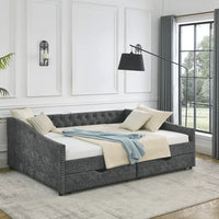 Queen Size Daybed with 2 Drawers, Upholstered Tufted Sofa Bed Frame with Wood Slats Support & Button Back & Copper Nailed Armrests, for Bedroom, Living Room, No Box Spring Needed, Gray