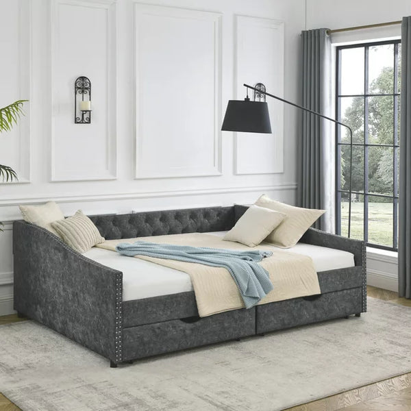 Queen Size Daybed with 2 Drawers, Upholstered Tufted Sofa Bed Frame with Wood Slats Support & Button Back & Copper Nailed Armrests, for Bedroom, Living Room, No Box Spring Needed, Gray