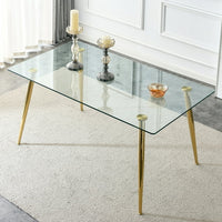 63" Glass Dining Table for 4-6 People, Modern Rectangular Glass Kitchen Table with Golden Legs, Small Dining Room Table for Living Room, 300lbs Capacity