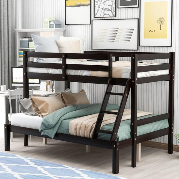 Kids Twin Over Full Bunk Bed, Pine Wood Kids Bed Heavy Duty Bed Frame with Safety Guardrails and Ladder for Boys Girls Adults, Convertible to 2 Platform Beds, No Box Spring Needed, Espresso