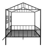 Full Size Metal House Bed Frame, Low Playhouse Loft Bed with Roof, Ladder and Guardrails, Slatted Support Bedroom Mattress Foundation for Teens Adults Girls and Boys, No Box Spring Needed, Black