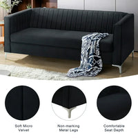 77.3"×32" Mid Century Velvet Sofa, 2-3 Seater Modern Couch, Exquisite Loveseat with Vertical Striped Decoration and Metal Legs Upholstered Sofa Couch for Living Room, Bedroom, Apartment, Office, Black