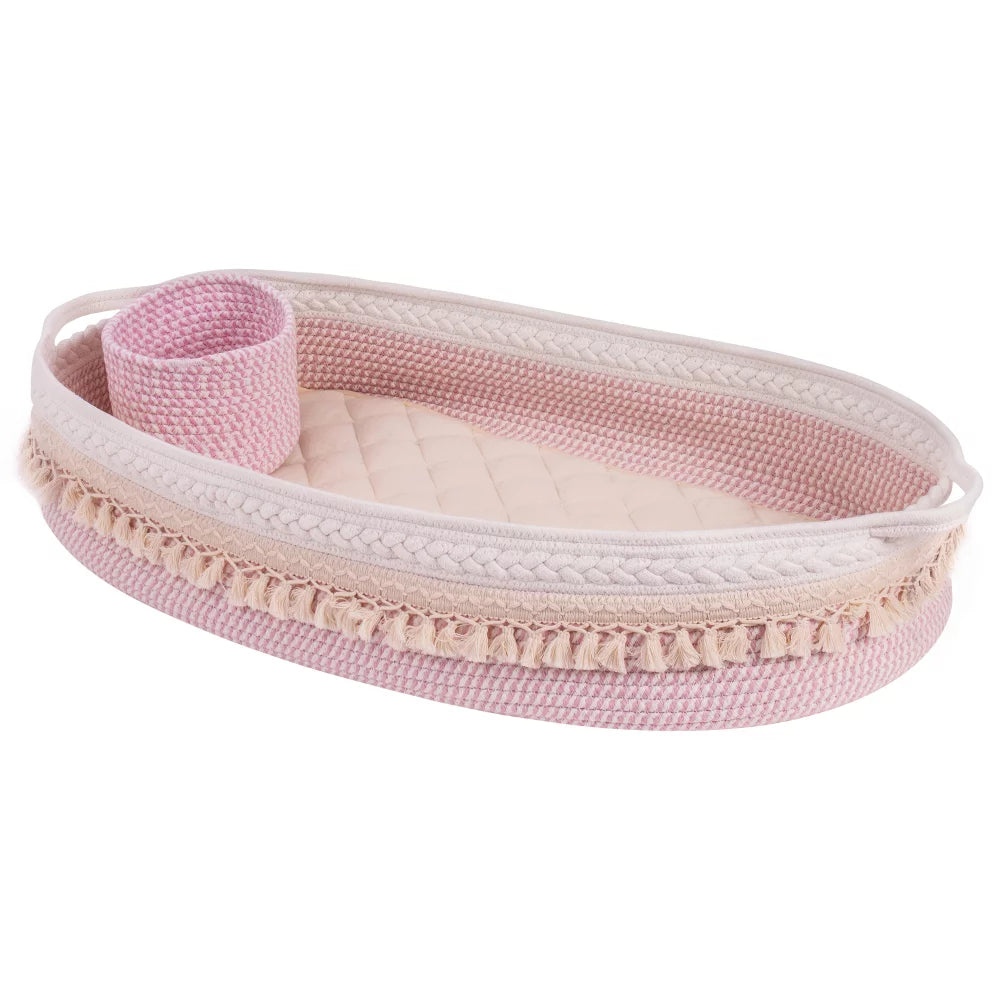 Baby Changing Basket, Woven Cotton Rope Moses Basket with Tufted Mattress  Pad and Small Storage Basket, Changing Table Topper for Baby Girls and  Boys