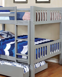 Triple Tree Full Over Full Bunk Bed Gray Finish Transitional Style Attached Ladder Upper Bed Rails Lock Joint Structure And Trundle-Not Included