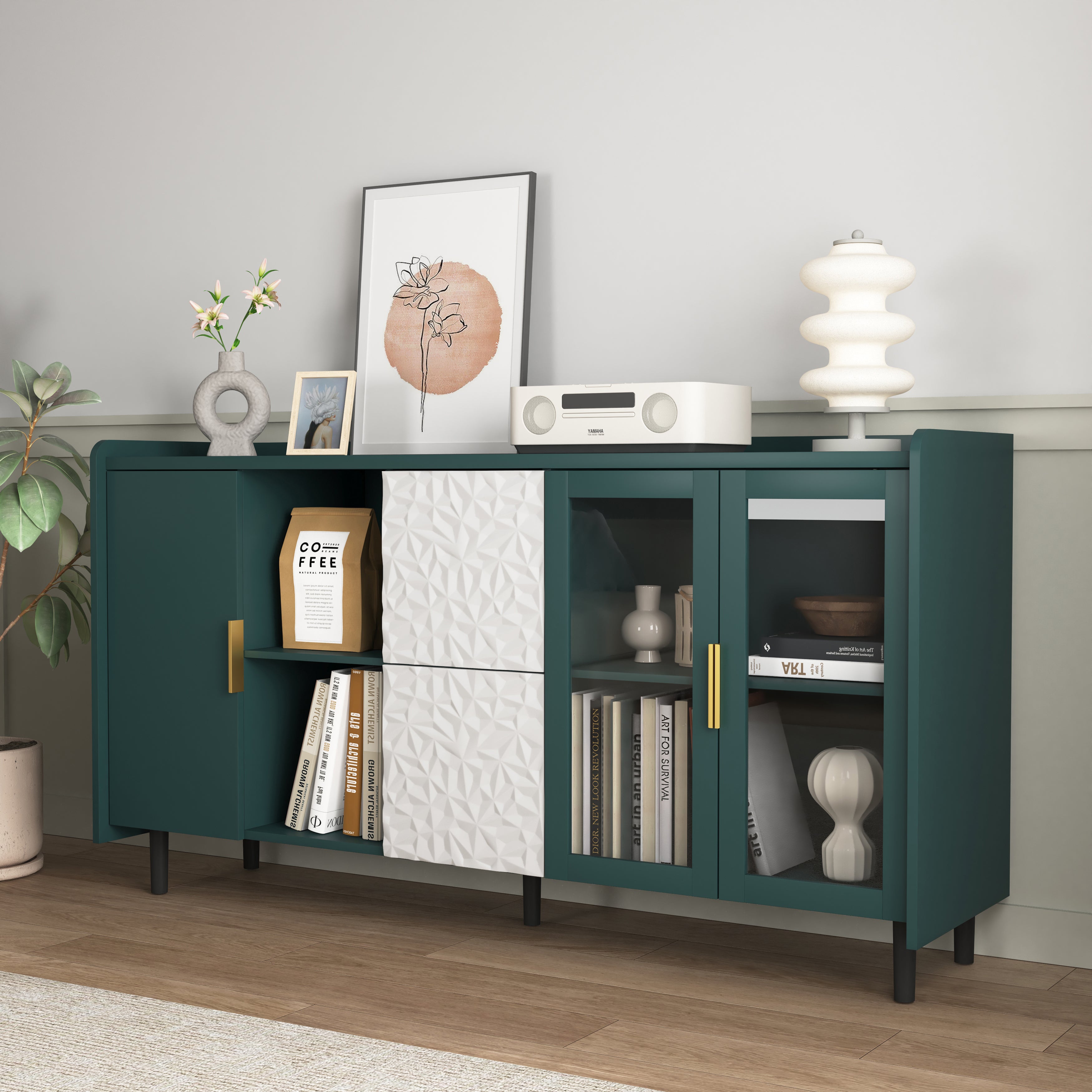TRIPLE TREE Kitchen Storage Cabinet, 55" Modern Sideboard Buffet Cabinet, Coffee Bar with 2 Drawers and 2 Open Storage Compartment, Wood Buffet Table with 2 Glass Doors for Living Room, Dining Room, Green
