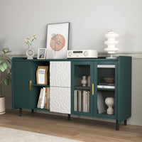 TRIPLE TREE Kitchen Storage Cabinet, 55" Modern Sideboard Buffet Cabinet, Coffee Bar with 2 Drawers and 2 Open Storage Compartment, Wood Buffet Table with 2 Glass Doors for Living Room, Dining Room, Green