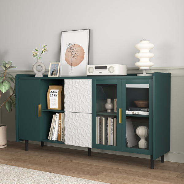 TRIPLE TREE Kitchen Storage Cabinet, 55" Modern Sideboard Buffet Cabinet, Coffee Bar with 2 Drawers and 2 Open Storage Compartment, Wood Buffet Table with 2 Glass Doors for Living Room, Dining Room, Green
