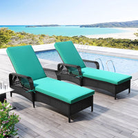 JINS&VICO Outdoor Patio Pool PE Rattan Chair, Wicker Sun Lounger with 6 Adjustable Angles Backrest, Set of 2 Lounge Chair with Armrest for Beach Garden Backyard, Black Wicker and Green Cushion