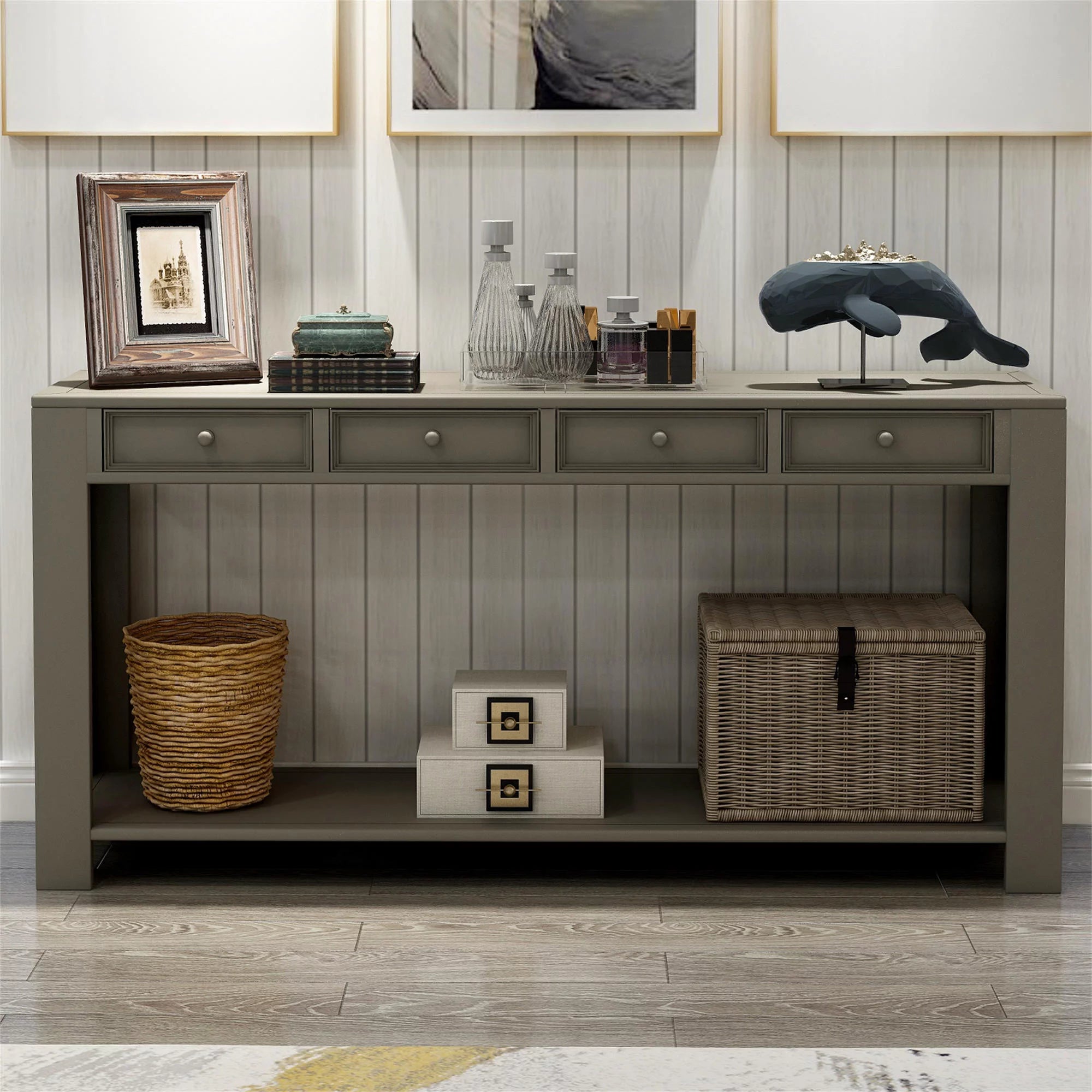64"Long Console Table, Narrow Sofa Table with 4 Storage Drawers&Bottom Shelf, Storage Console Table, Classic Accent Retro Entryway Sofa Table for Entryway,Hallway, Livingroom, Khaki