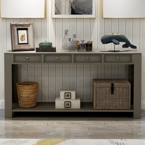 64"Long Console Table, Narrow Sofa Table with 4 Storage Drawers&Bottom Shelf, Storage Console Table, Classic Accent Retro Entryway Sofa Table for Entryway,Hallway, Livingroom, Khaki