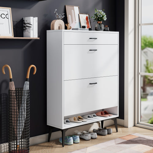Shoe Cabinet with 2 Flip Drawers and Open Shelf,Free Standing Shoe Racks Storage Cabinet with Metal Legs,Shoe Rack Organizer Entrance Shoe Storage Cabinet Narrow Closet for Entryway Hallway,White