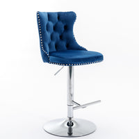 Swivel Bar Stools Set of 2 with Adjustable Seat Height, Contemporary Velvet Counter Stool with Metal Legs and Chrome Nailhead Trim Backrest, Dining Chair for Home and Pub, Blue & Sliver
