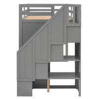 Twin Size Loft Bed, Wood Bed Frame with 2 Wardrobes, 2 Drawers, 3 Shelves and Storage Stairs, Multi-Function Loft Bed for Kids Teens Boys Girls, No Box Spring Required, Gray