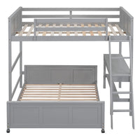 Full Over Full Bunk Beds with Desk and Drawers, Wood Full Size Loft Bed, L-Shaped Bunk Bed for Kids Boys Girls Teens Bedroom, Gray