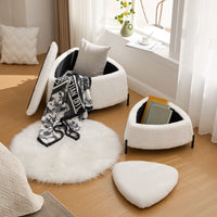 TRIPLE TREE 29.9"W Modern Upholstered Storage Ottoman Set of 2,Shoe Changing Stool with Adjustable Metal Legs,Faux Fur Foot Stool with Wood Frame,Coffee Side Table with Reversible Lid for Living Room,Ivory